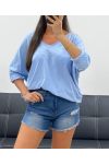 T-SHIRT OVERSIZE COL V COTON PE0782 BLEU CIEL