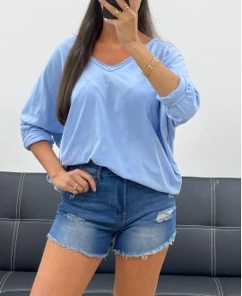 OVERSIZED KATOENEN V-HALS T-SHIRT PE0782 HEMELSBLAUW
