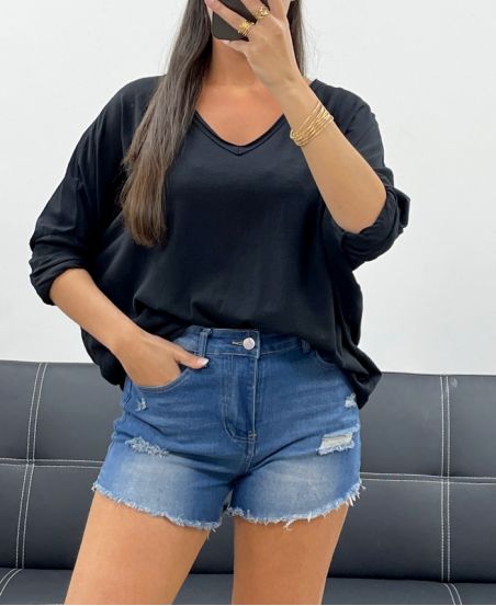 OVERSIZED COTTON V-NECK T-SHIRT PE0782 BLACK