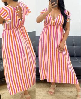 KLEID AUS BAUMWOLLGAZE NEON GESTREIFT PE5234 WEISS/FUSHIA