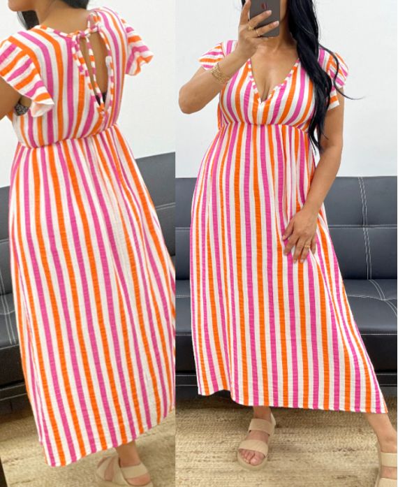 KLEID AUS BAUMWOLLGAZE NEON GESTREIFT PE5234 WEISS/FUSHIA
