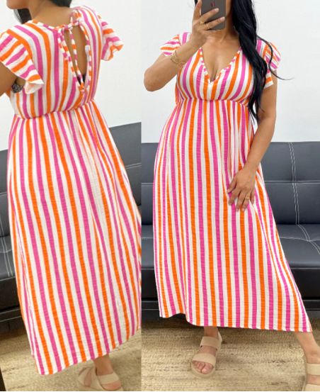 KLEID AUS BAUMWOLLGAZE NEON GESTREIFT PE5234 WEISS/FUSHIA