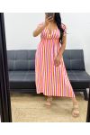 KLEID AUS BAUMWOLLGAZE NEON GESTREIFT PE5234 WEISS/FUSHIA