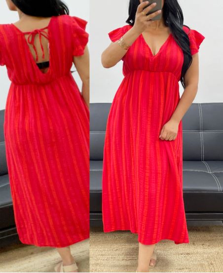 ABITO IN GARZA DI COTONE RIGHE FLUO PE5234 ROSSO