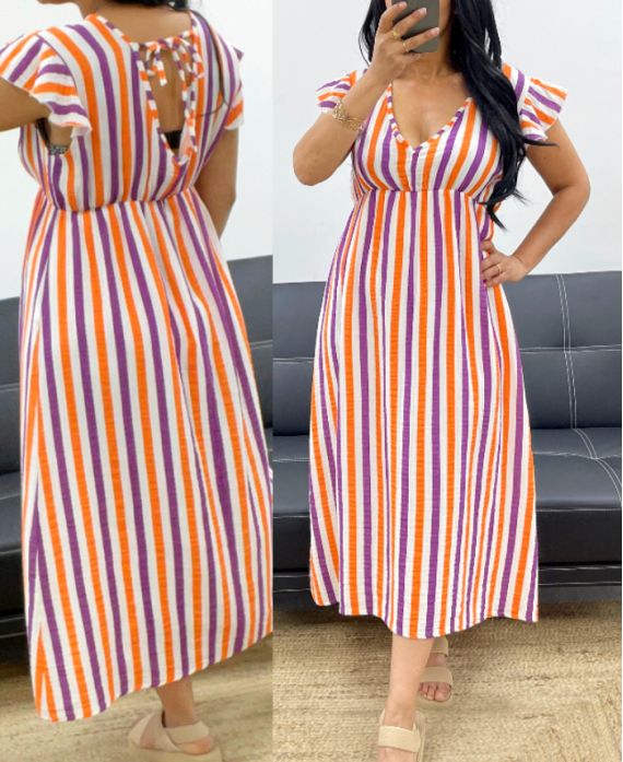 KATOENEN GAAS JURK NEON STRIPES PE5234 WIT/PAARS