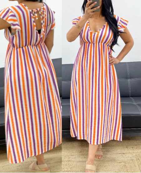 KATOENEN GAAS JURK NEON STRIPES PE5234 WIT/PAARS