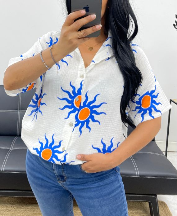 CHEMISE GAZE DE COTON NEON SOLEIL PE5240 BLANC/BLEU