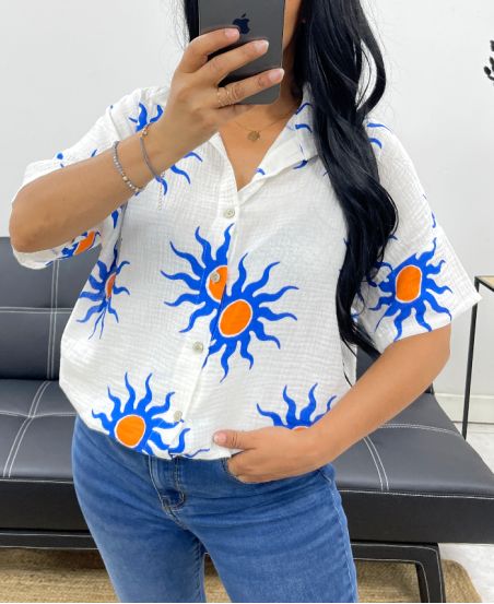 CHEMISE GAZE DE COTON NEON SOLEIL PE5240 BLANC/BLEU