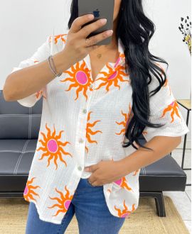 CHEMISE GAZE DE COTON NEON SOLEIL PE5240 BLANC/ORANGE