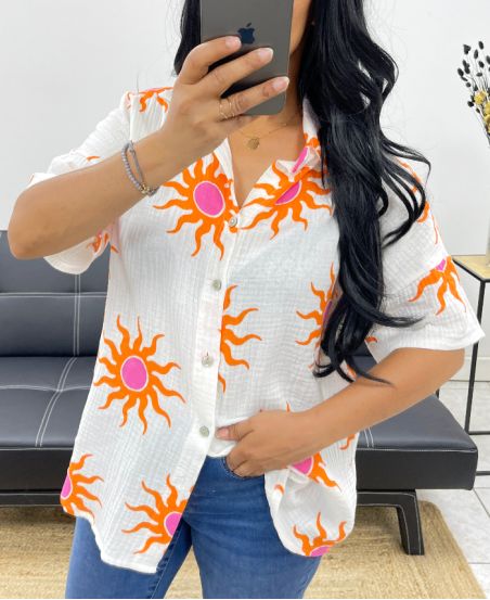 CHEMISE GAZE DE COTON NEON SOLEIL PE5240 BLANC/ORANGE