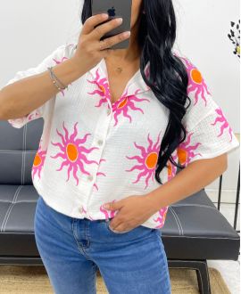 CHEMISE GAZE DE COTON NEON SOLEIL PE5240 BLANC/FUSHIA