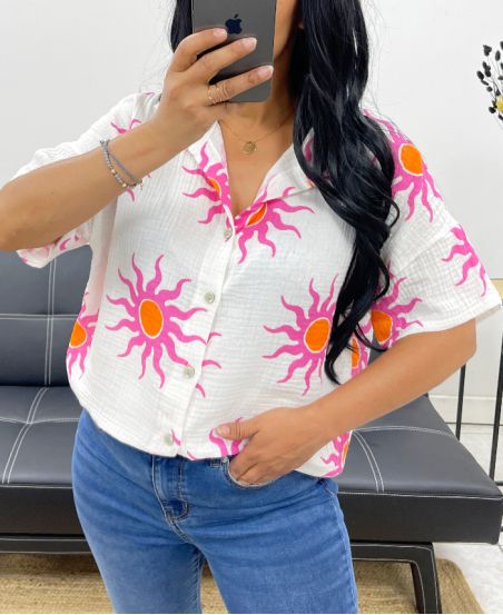 CHEMISE GAZE DE COTON NEON SOLEIL PE5240 BLANC/FUSHIA