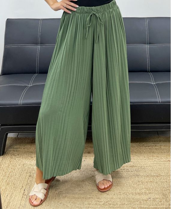 PE5229 GEPLOOIDE BROEK MET WIJDE PIJPEN KHAKI