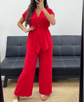 ENSEMBLE TOP A BOUTON-GILET + PANTALON PE5200 ROUGE