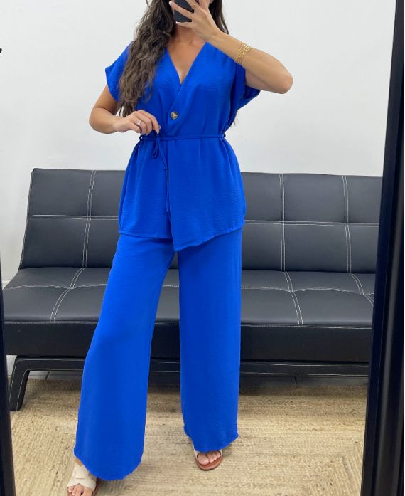 ENSEMBLE TOP A BOUTON-GILET + PANTALON PE5200 BLEU ROYAL