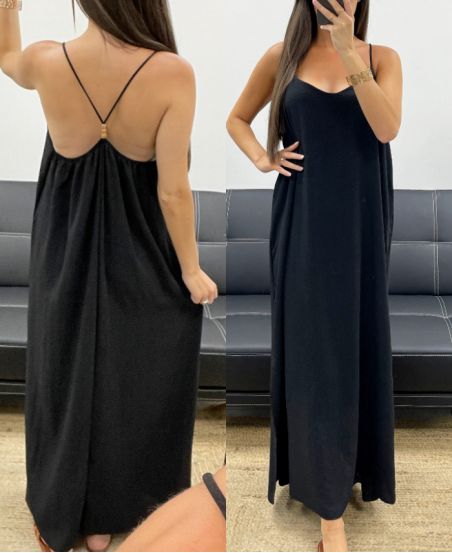 LANGES KLEID MIT PERLEN GEKREUZTER RÜCKEN PE5168 SCHWARZ