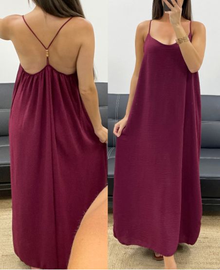 LANGES KLEID MIT GEKREUZTEM RÜCKEN MIT PERLEN PE5168 BURGUNDY