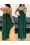 LANGES KLEID MIT KREUZ UND QUER VERLAUFENEM, PERLENBESETZTEM PE5168 EMERALD