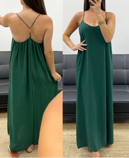 LANGES KLEID MIT KREUZ UND QUER VERLAUFENEM, PERLENBESETZTEM PE5168 EMERALD