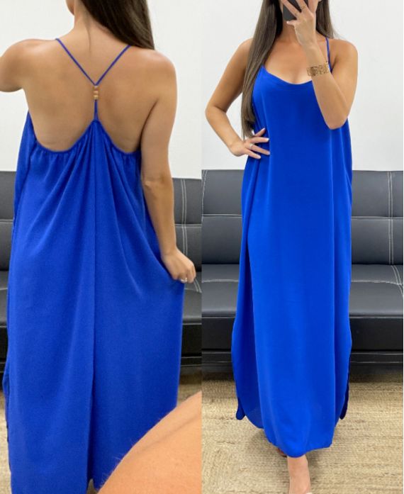 MAXIKLEID MIT PERLENMUSTER UND ÜBERKREUZTEM RÜCKEN PE5168 KÖNIGSBLAU