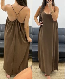MAXIKLEID MIT PERLENKREUZ UND RÜCKEN PE5168 SCHOKOLADE
