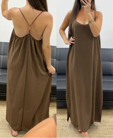 MAXIKLEID MIT PERLENKREUZ UND RÜCKEN PE5168 SCHOKOLADE