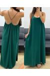 LANGES KLEID MIT KREUZ UND QUER VERLAUFENEM, PERLENBESETZTEM PE5168 EMERALD