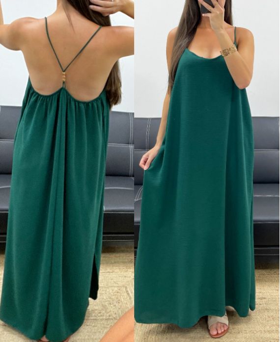 LANGES KLEID MIT KREUZ UND QUER VERLAUFENEM, PERLENBESETZTEM PE5168 EMERALD