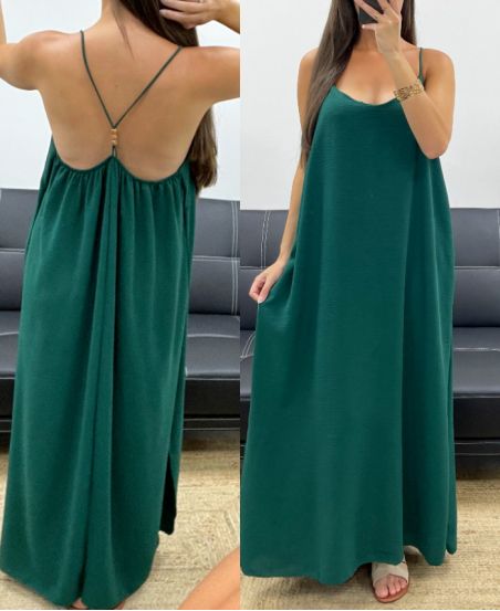 LANGES KLEID MIT KREUZ UND QUER VERLAUFENEM, PERLENBESETZTEM PE5168 EMERALD