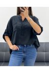 BLUSE AUS BAUMWOLLGAZE MIT TASCHE PE0457 SCHWARZ