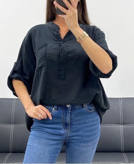 BLUSE AUS BAUMWOLLGAZE MIT TASCHE PE0457 SCHWARZ