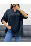 BLUSE AUS BAUMWOLLGAZE MIT TASCHE PE0457 SCHWARZ