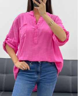 BLUSE AUS BAUMWOLLGAZE MIT TASCHE PE0457 FUSHIA