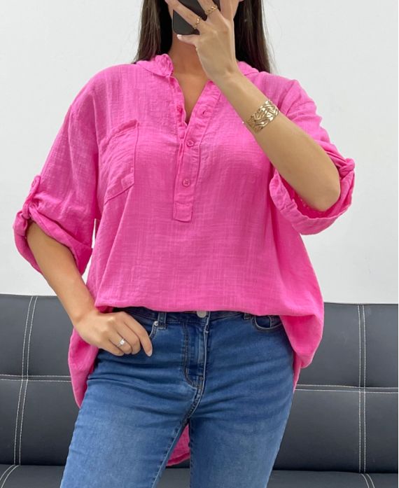 BLUSE AUS BAUMWOLLGAZE MIT TASCHE PE0457 FUSHIA