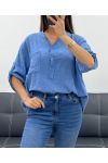 BLUSE AUS BAUMWOLLGAZE MIT TASCHE PE0457 BLAU JEANS