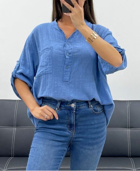 BLUSE AUS BAUMWOLLGAZE MIT TASCHE PE0457 BLAU JEANS