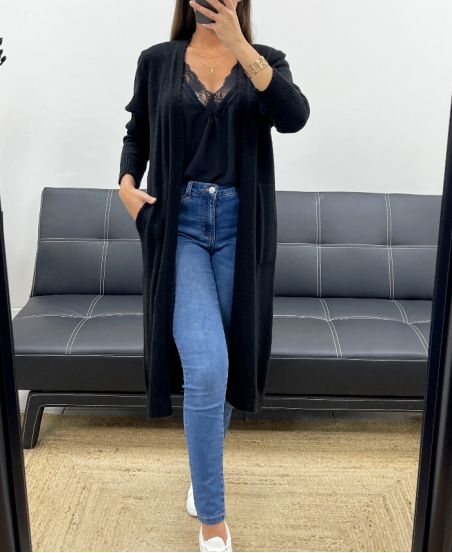 LANG MOHAIR VEST 2 ZAKKEN PE0070 ZWART