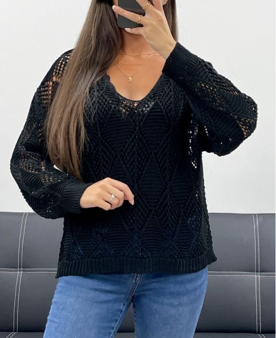 GEHÄKELTER PULLOVER PE0458 SCHWARZ