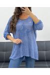 T-SHIRT BIMATERIALE IN PIZZO STELLA PE1696 BLU
