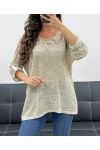 T-SHIRT BI-MATERIALE IN PIZZO STAR PE1696 BEIGE