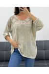 T-SHIRT BI-MATERIALE IN PIZZO STAR PE1696 BEIGE