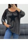 T-SHIRT AMPLE BI-MATIERE DENTELLE ETOILE PE1696 NOIR