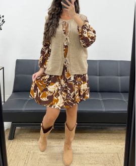 WOOL VEST SLEEVELESS BOWS PE5124 CAMEL
