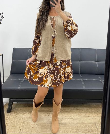 WOOL VEST SLEEVELESS BOWS PE5124 CAMEL