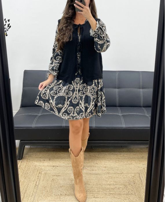 SLEEVELESS WOOL VEST BOWS PE5124 BLACK