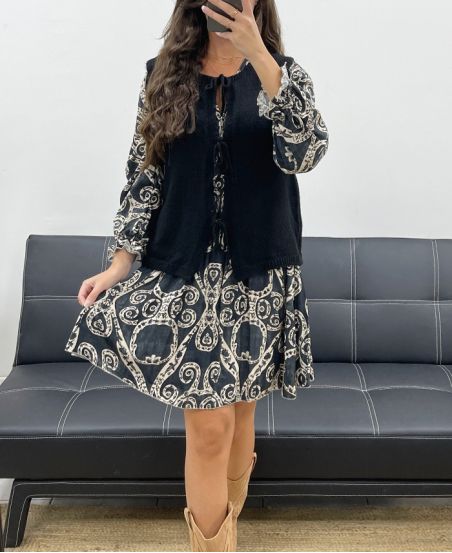 SLEEVELESS WOOL VEST BOWS PE5124 BLACK