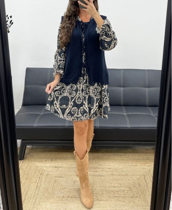 SLEEVELESS WOOL VEST BOWS PE5124 NAVY