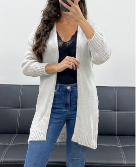 WEICHE, MITTELLANGE STRICKJACKE AUS WOLLE PE5121 ECRU