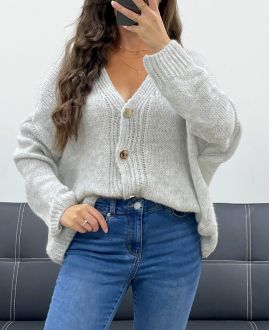 GILET OVERSIZE DOUX A BOUTONS GOLD PE5149 GRIS CLAIR