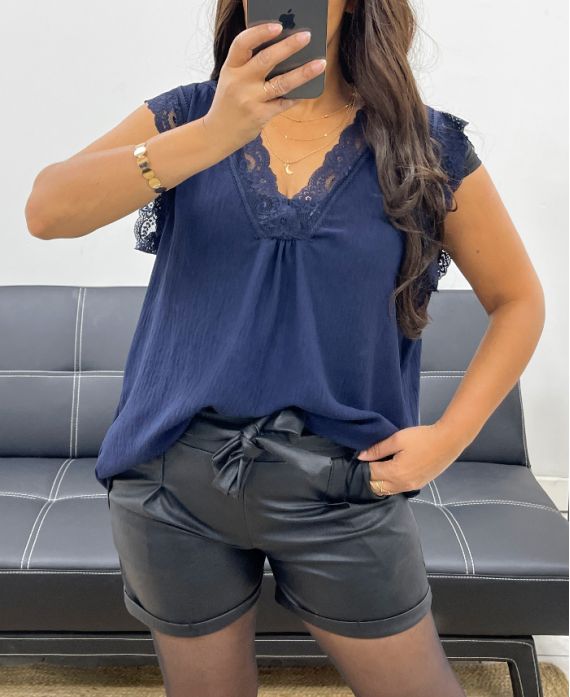 TOP DE ENCAJE DE CAMISOLA SUELTA AH255020 AZUL MARINO